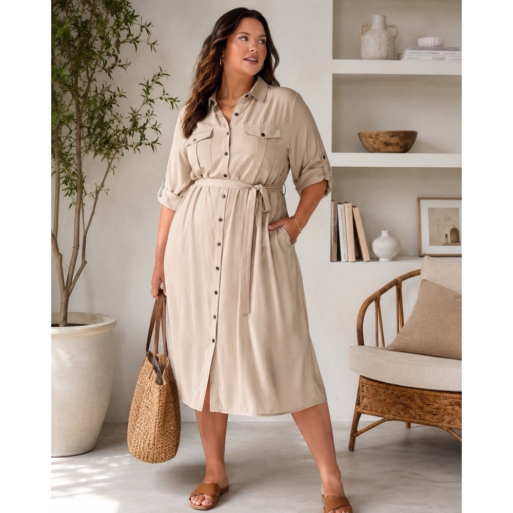 Button-Front Utility Shirtdress in Beige